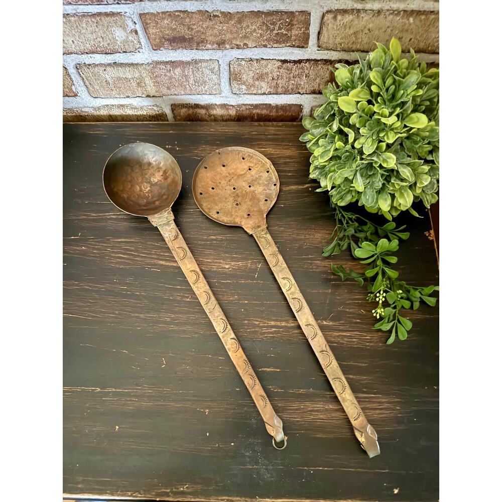 Antique Hammered Copper Ladle Skimmer Set – 1920s Brittany Long Handle Utensils